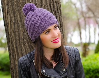 Purple pom pom hat, knit pom pom hat, pom pom beanie, womens beanies, womens winter hats, womens pom pom hat, beanie with pom pom, ski hat