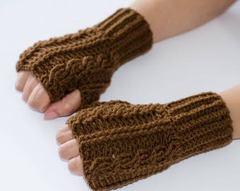 Brown gloves, fingerless gloves, fingerless mittens, knitted gloves, cable gloves, womens gloves, hand warmers, winter gloves, brown mittens