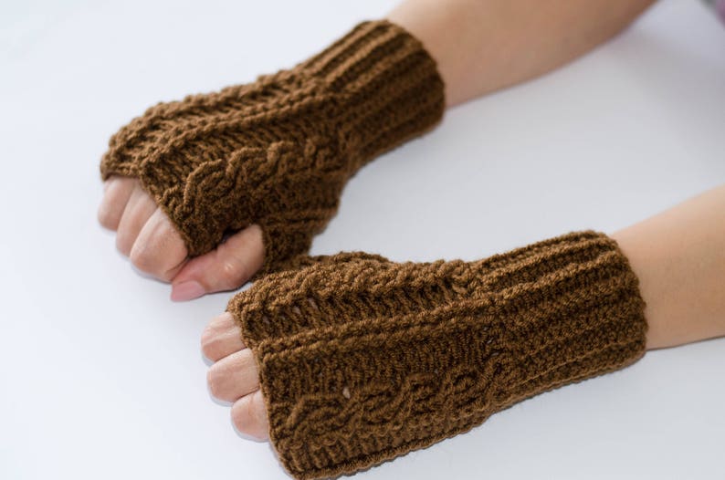Brown gloves, fingerless gloves, fingerless mittens, knitted gloves, cable gloves, womens gloves, hand warmers, winter gloves, brown mittens image 1