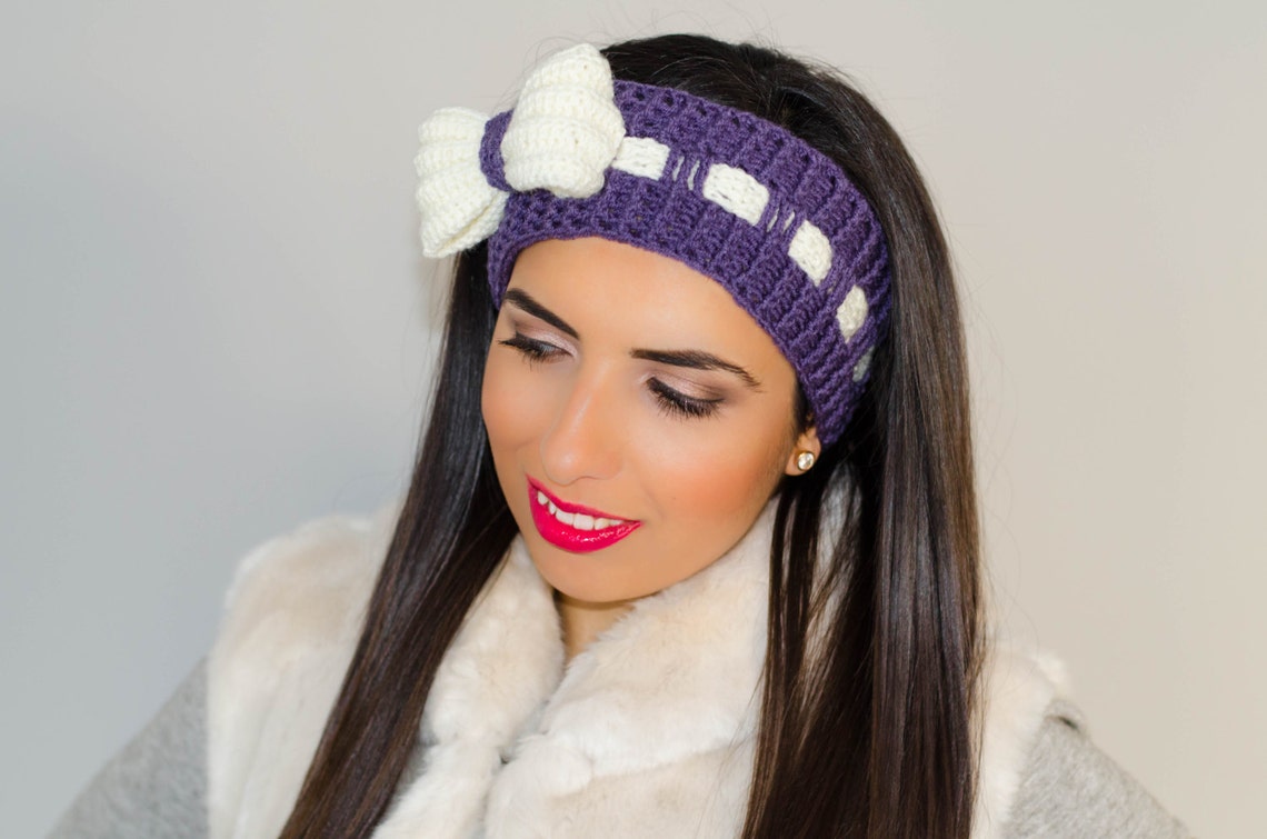 Purple Bow Headband, Womens Headband, Ribbon Headband, Crochet Bow