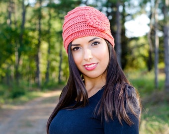 Coral crochet flower hat, winter hats for women, crochet womens hat, womens knit hats, crochet beanie, hats for women, flower beanie