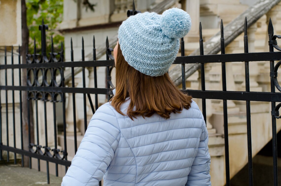 Light Blue Knit Hat Pom Pom Hat Womens Knit Hats Winter Etsy