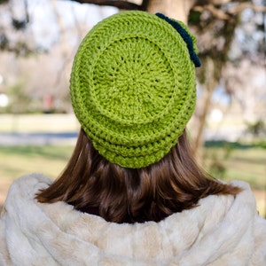 Green crochet flower hat, slouchy beanie hat, chunky hat, womens beanies, winter hat, knit hat with flower, hats for women, womens caps image 5