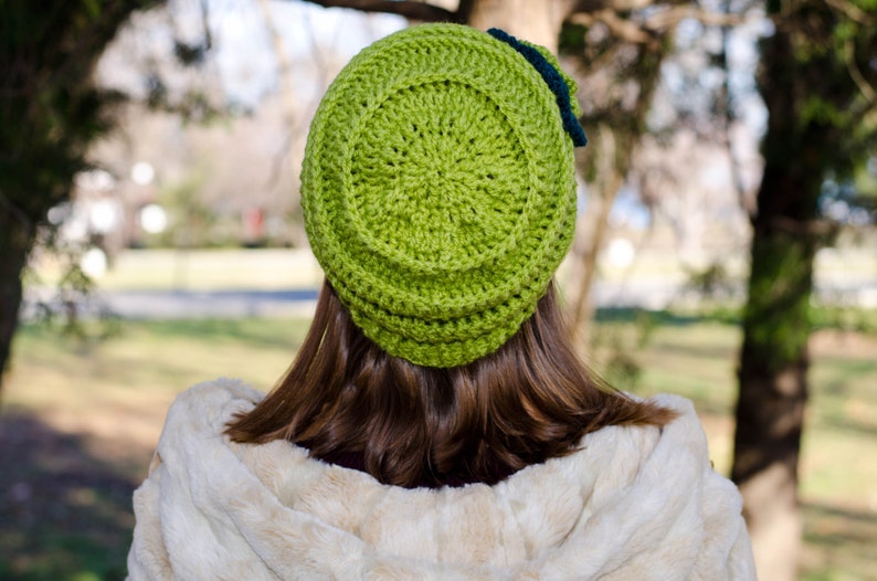 Green crochet flower hat, slouchy beanie hat, chunky hat, womens beanies, winter hat, knit hat with flower, hats for women, womens caps image 5