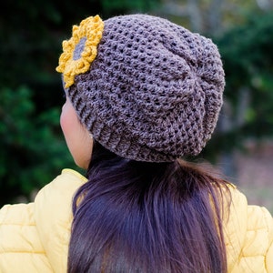 Sunflower hat, hat with sunflower, womens beanies, womens winter hat, winter beanie, crochet womens hat, womens knit hats, slouchy beanie image 4