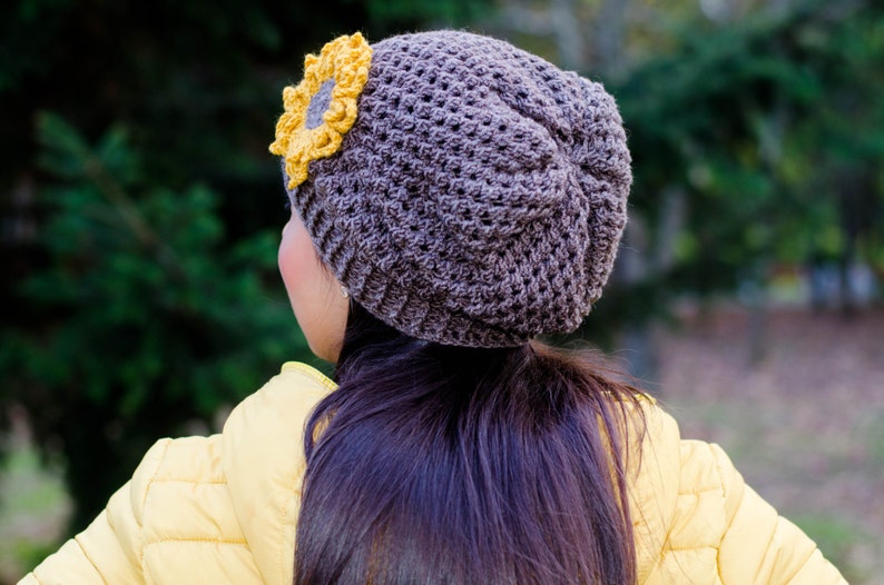 Sunflower hat, hat with sunflower, womens beanies, womens winter hat, winter beanie, crochet womens hat, womens knit hats, slouchy beanie image 4