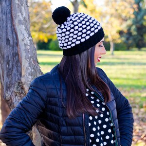 Womens pom pom hat, black and white hat, polka dot hat, hat with pom pom, pom pom beanie, knit wool hat, womens winter hat, crochet hat