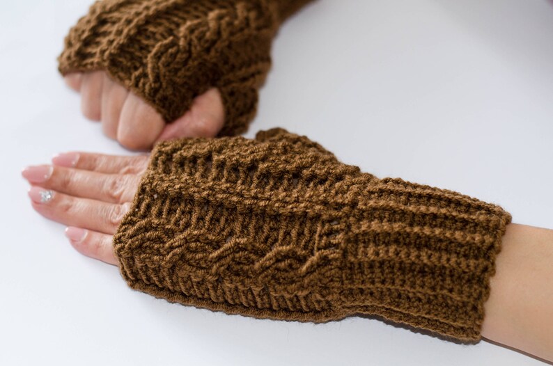 Brown gloves, fingerless gloves, fingerless mittens, knitted gloves, cable gloves, womens gloves, hand warmers, winter gloves, brown mittens image 8