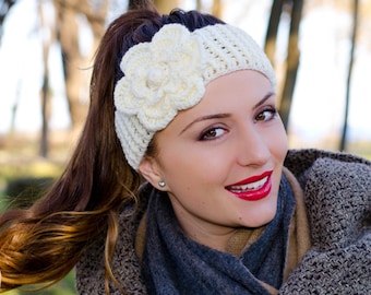 Headband with flower, womens knit headband, womens crochet headbands, cream crochet flower headband, winter headband, winter ear warmer