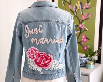 Bride Denim Jacket “Just Married” Embroidered Patch | Send in Service for Custom Jeans Jacket | Boho Rustic Wedding | Personalised Gift