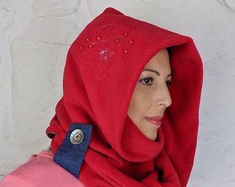 Hooded Scarf - Women Snood with Hood - Embroidered Red Scarf - Handmade