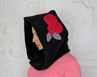 Cowl Hood | Women Winter Hooded Scarf | Handmade Flower Embroidery | Made in UK