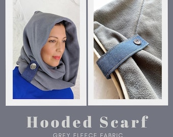 Hooded Scarf | Grey Cowl Hood | Winter Scarf for Women | Fleece Detachable Hood | Warm Soft Hoodie |Ladies Accessories |  Made in the UK