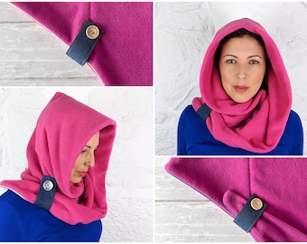 Hooded Scarf | Snood Hoodie | Woman Winter Scarf  | Magenta Pink Fleece Pixie Hood | Made in the UK