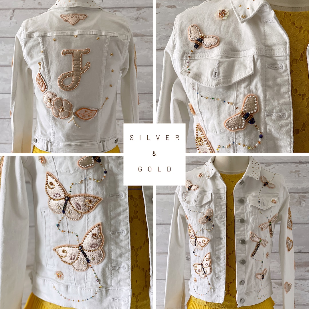 Bride Denim Embroidered Initial Letter Jacket | Silver Gold Beaded ...