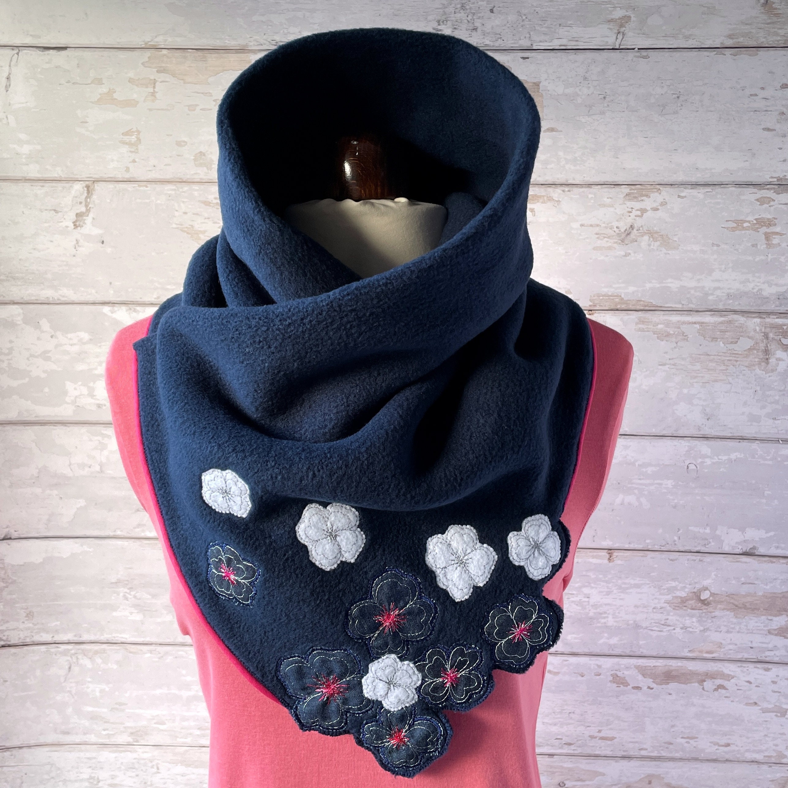 ValeriaBStudio Neck Warmer | Women Winter Fleece Scarf | Handmade Flowers Embroidery