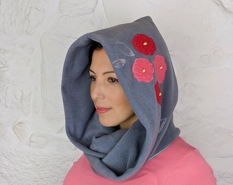 Cowl Hood | Winter Scarf for Women | One of a kind Flower Embroidery | Handmade Hooded Scarf