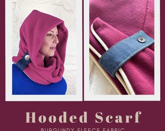 Hooded Scarf | Burgundy Cowl Hood | Winter Scarf for Women | Fleece Detachable Hood | Warm Soft Hoodie |Ladies Accessories |  Made in the UK