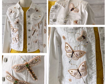 Embroidered Patch for Wedding Denim Jacket | Handmade Beaded Textile Patch | Golden Butterflies Dragonflies Bees | Exclusively made in UK