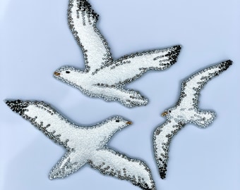 Embroidered Textile Patch | Silver Fabric Beaded Seagull | Custom Clothing Patch Appliqué Decoration