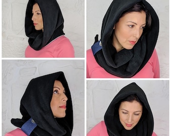 Hooded Scarf | Black  Cowl Hood | Winter Scarf for Women | Fleece Detachable Hood | Warm Soft Hoodie | Made in the UK