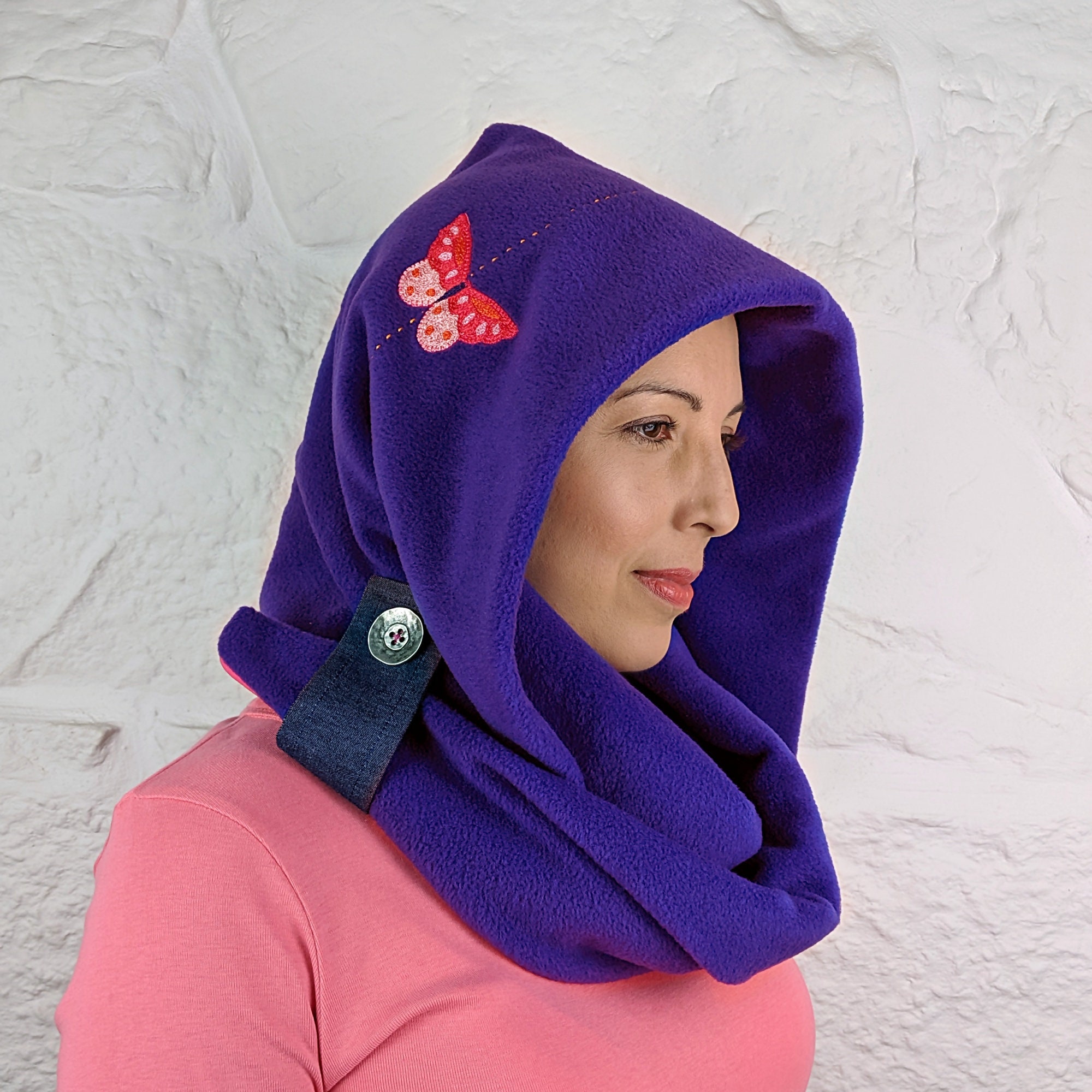 Purple Hooded Scarf | Woman Snood Hood | Embroidered Butterfly Winter Scarf | Made in UK