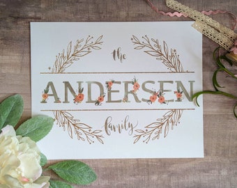 Digital Download - Custom Family Name in Floral Alphabet - Wall Art