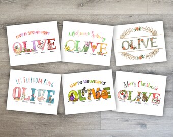 Digital Download - Set of Six Prints - Seasonal Custom Names in Illustrated Holiday Alphabets - Wall Art