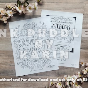 May include: Two white paper sheets featuring black line art illustrations of floral patterns, acorns, and pumpkins. The text reads Welcome to General Conference October 5-6 2024 and General Conference Notebook. The brand name Ink Puddler is visible.