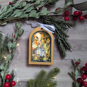 Illustrated Faux Stained Glass Temple Ornament | Wooden Frame | Temple Illustration | Christmas Tree Decor