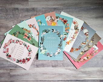 Illustrated Desk Calendar Refill Cards - 12-Month Desk Calendar - Cottage Core