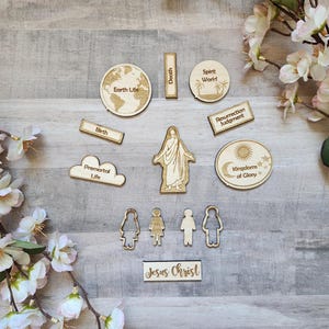 May include: A set of laser-cut wooden pieces featuring a central figure of Jesus Christ surrounded by various shapes labeled with text including Earth Life, Death, Spirit World, Birth, Resurrection Judgment, Premortal Life, Kingdom of Glory, and Jesus Christ.