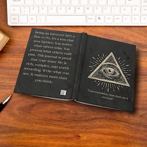 May include: Open black journal with text on the left page and an eye inside a triangle on the right. The text reads, "Being an introvert isn't a flaw to fix...Write what you see. It matters more than you think."