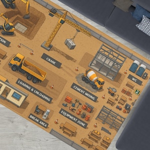 Little Builder Zone - Speelmat op de bouwplaats voor kinderen - STEM-werkplaatstapijt met kranen, opgravingszones en zones voor zwaar materieel V3