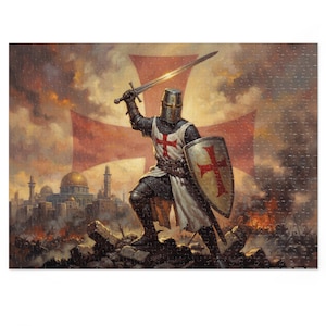 May include: A jigsaw puzzle depicting a medieval knight in full plate armour, holding a raised sword and a shield with a red cross. The knight wears a white surcoat with a red cross, standing on rubble before a burning city and a large red cross.