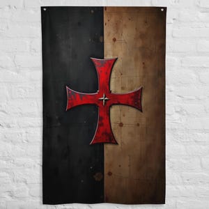 Knights Templar Banner - Crusaders Flag Wall Art - Battle-Worn Medieval Decor - LARP & History Enthusiast Gift V4