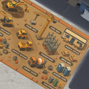 Little Builder Zone - Speelmat op de bouwplaats voor kinderen - STEM-werkplaatstapijt met kranen, opgravingszones en zones voor zwaar materieel V1