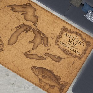 Mappa dei Grandi Laghi di Anglers - Tappeto vintage con mappa - Decorazione rustica per pavimenti da pesca per interni di baite, lodge e case sul lago - Regalo Lake Angler V2