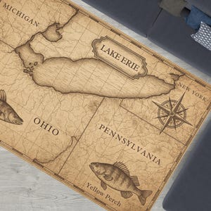 Tapis de navigateur vintage sur le lac Érié - décoration de carte de pêche antique pour maison au bord du lac, cabane ou pavillon côtier - cadeau de pêcheur du lac Érié V2