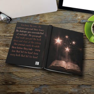 May include: Open journal with a dark cover and a starry illustration. The text on the cover reads, "You know the ones. The sentences you read three times... This journal exists to catch them before they fade." The journal is open to a page with an illustration of a glowing book.