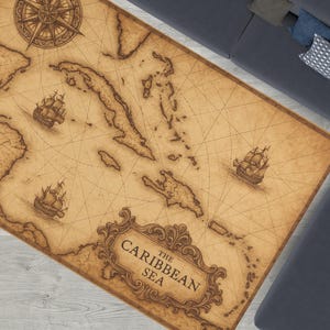 Carte corsaire des Caraïbes - tapis carte nautique antique avec rose des vents - conception de bateau pirate - décoration côtière inspirée du commerce des Indes orientales V1