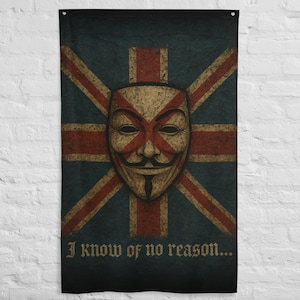 Guy Fawkes Mask UK Flag Banner - England/Union Jack Vertical Flag - Protest Art Wall Hanging V1