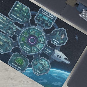 Orbital Raumstation Spielmatte - Sci-Fi Top-Down-Teppich für STEM fantasievolles Lernen Weltraumerkundung - Astronauten-Spielteppich V2