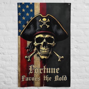 Bandiera pirata USA - Teschio e ossa incrociate, stelle e strisce - Arte murale nautica rustica - Decorazione pirata patriottica - Stendardo bucaniere