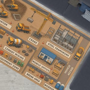 Little Builder Zone - Speelmat op de bouwplaats voor kinderen - STEM-werkplaatstapijt met kranen, opgravingszones en zones voor zwaar materieel V2