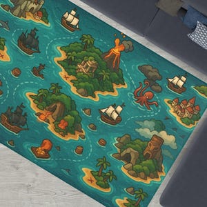 Maritimer Spielteppich - Piraten Schatzkarte Spieldecke für Kinder - Nautischer Abenteuerteppich mit Seeungeheuern & Schiffen - Weicher Chenille Teppich V1