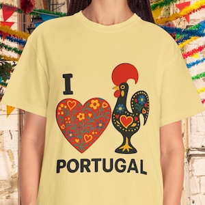 Vibrant I Love Portugal Folk Art Shirt - Barcelos Rooster Tee - Colorful Portuguese Comfort Colors Design V3