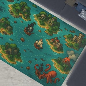 Maritimer Spielteppich - Piraten Schatzkarte Spieldecke für Kinder - Nautischer Abenteuerteppich mit Seeungeheuern & Schiffen - Weicher Chenille Teppich V2