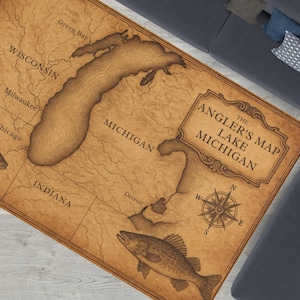 Carte vintage du lac Michigan - tapis déco nautique rustique du XVIIe siècle pour cabane, lodge ou maison côtière - cadeau de pêcheur du lac Michigan V2