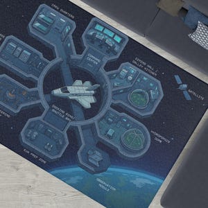 Orbital Raumstation Spielmatte - Sci-Fi Top-Down-Teppich für STEM fantasievolles Lernen Weltraumerkundung - Astronauten-Spielteppich V2